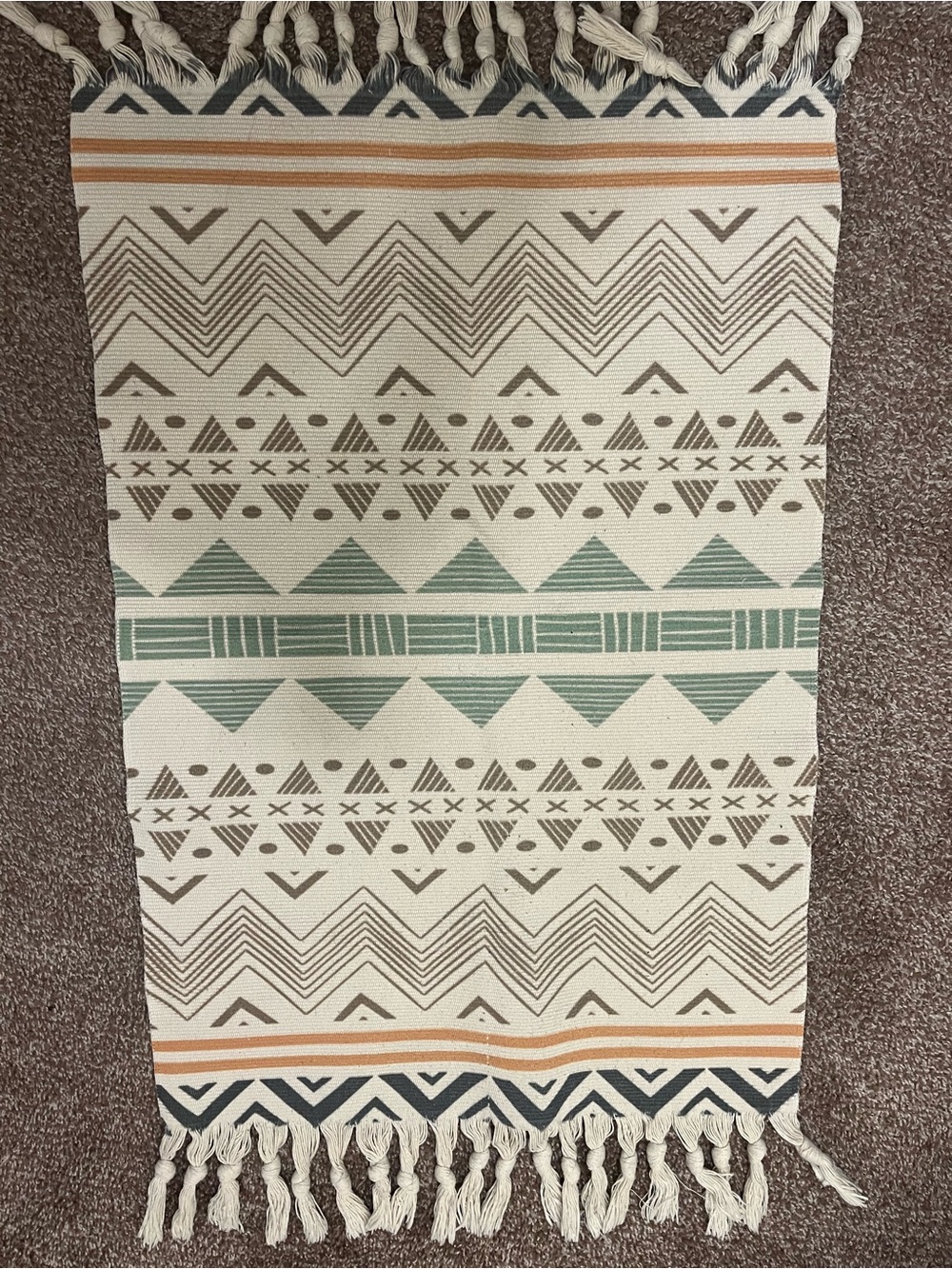 Neutral Geometric Cotton Bath Rug with Teal and Rust Accents